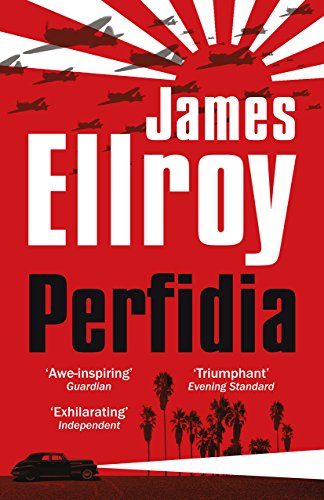 Book cover for "Perfidia" by James Ellroy, red background, planes, palms.