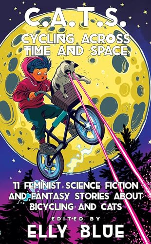 Book cover: child on bicycle with cat, against a moon and stars.