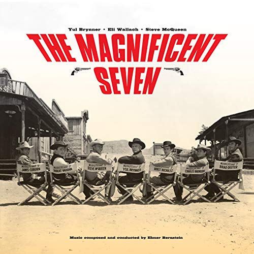The Magnificent Seven" vinyl record cover with seven cowboys in chairs.