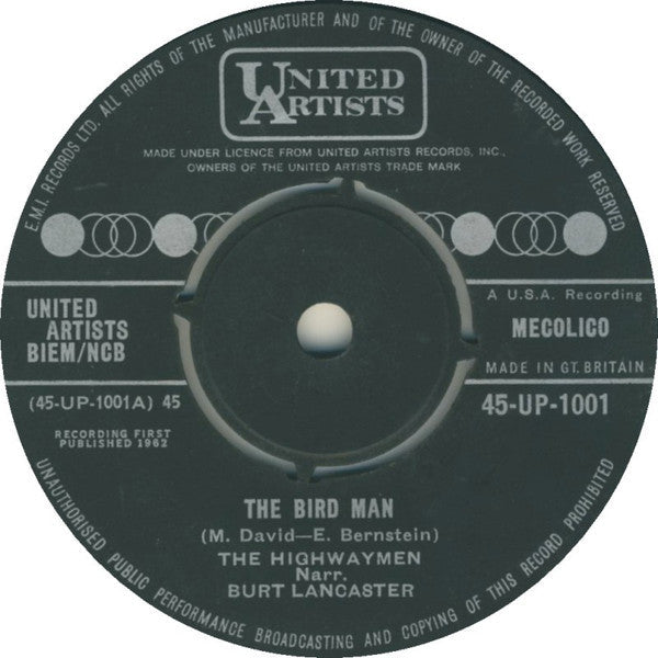 Dark blue vinyl record label with white text and central spindle hole.