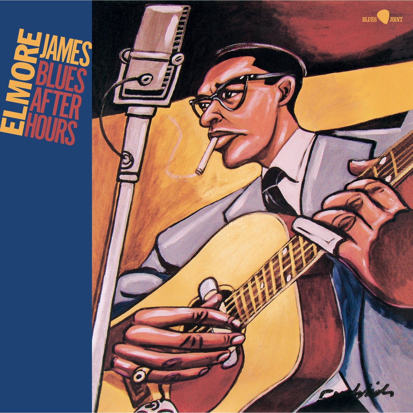 Illustration of Elmore James playing guitar with a cigarette, beside a vintage microphone.