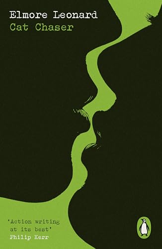 Book cover of Cat Chaser by Elmore Leonard featuring a green silhouette of faces.