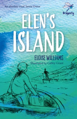Book cover: “Elen’s Island” with a girl rowing a boat towards land.