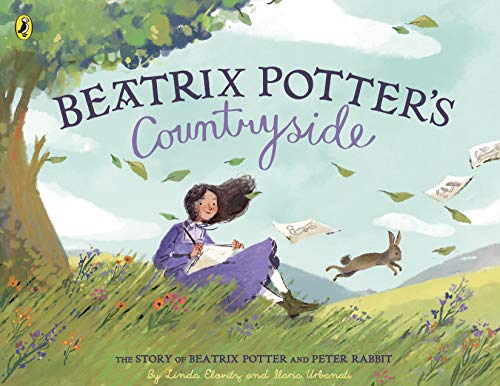 Book cover: Beatrix Potter with rabbit, sketching in a green field.