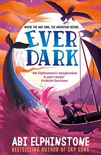 Book cover for "Everdark" featuring a boat, whale tail, and silhouetted figures.