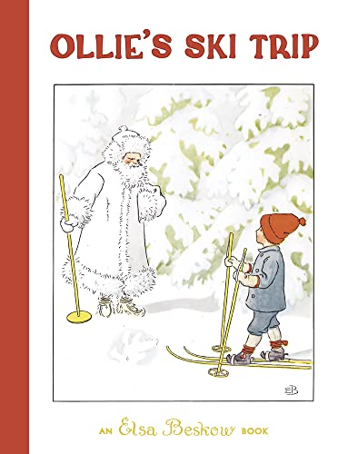 Book cover illustration of a boy on skis meeting a man in fur clothing.