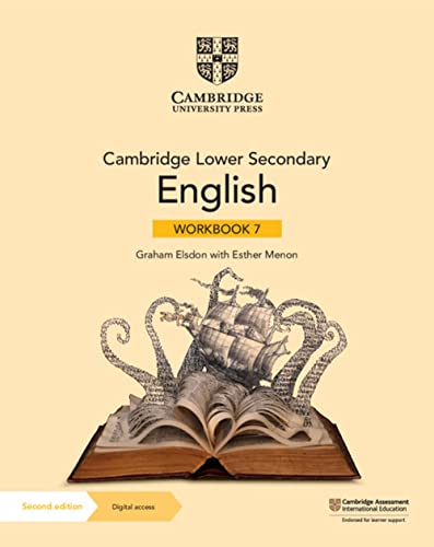 Front cover of Cambridge Lower Secondary English Workbook 7 featuring an open book illustration.