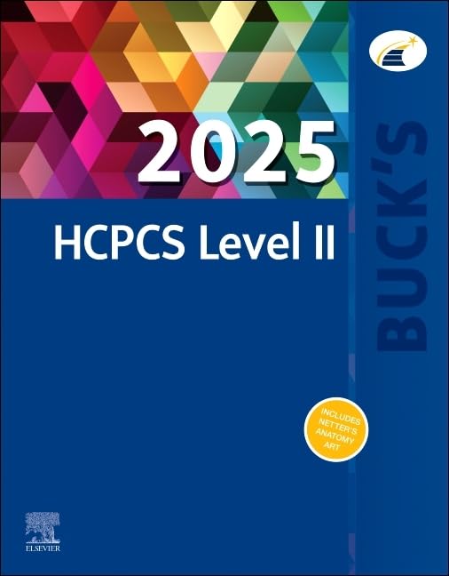 Book cover: "Buck's 2025 HCPCS Level II" with colorful geometric design.