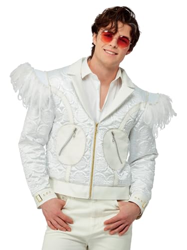 Man wearing a white, feathered jacket and red sunglasses.