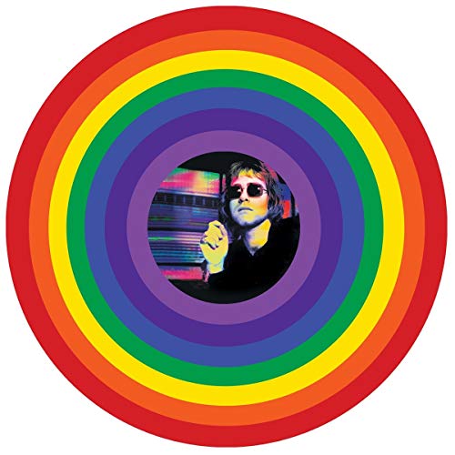 Rainbow-colored vinyl record with Elton John in the center, wearing sunglasses.