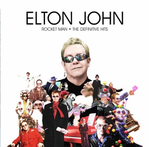 Elton John album cover featuring a collage of the artist in various iconic outfits.