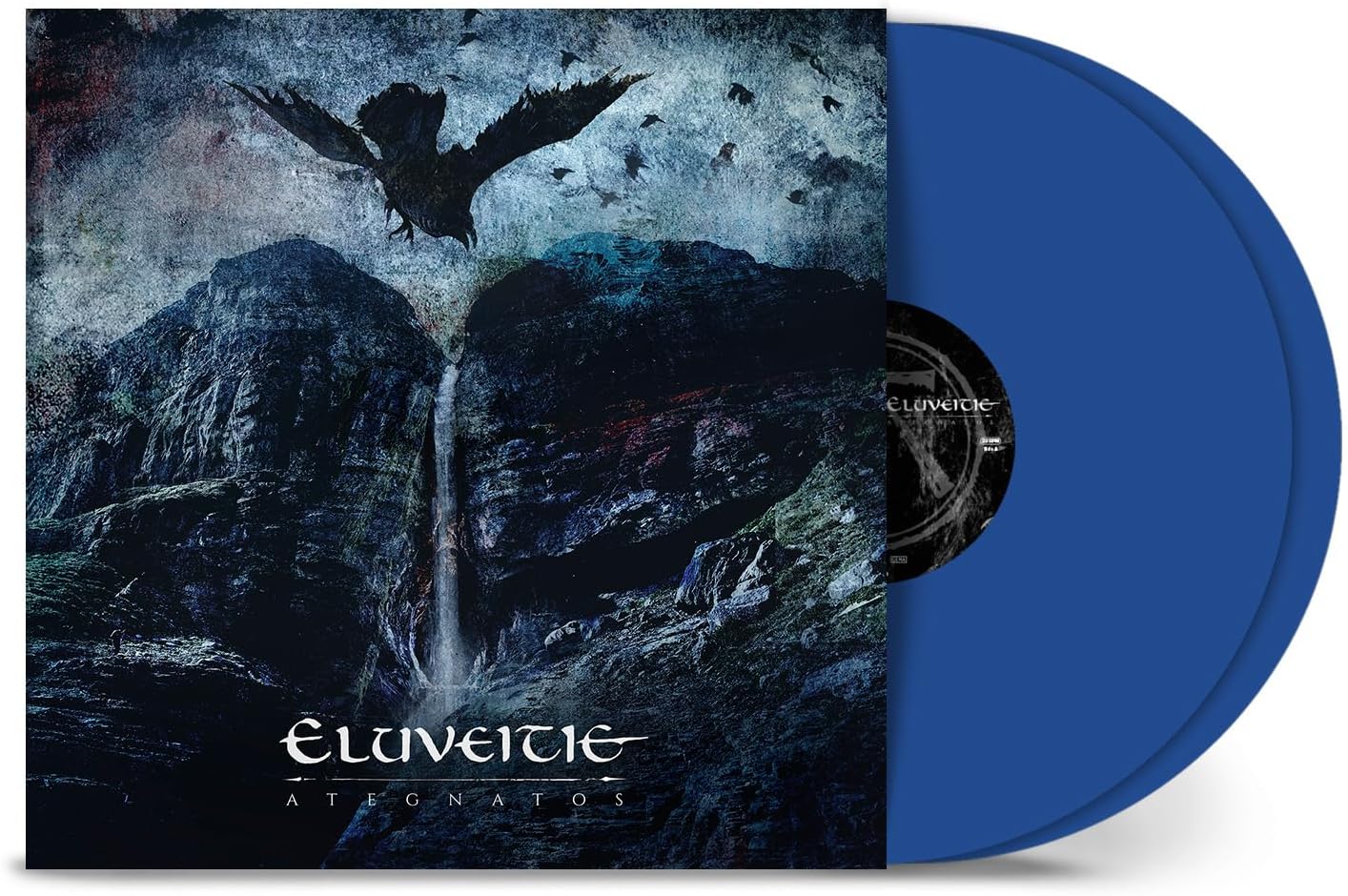Blue vinyl record with album art featuring a raven and mountainous landscape.