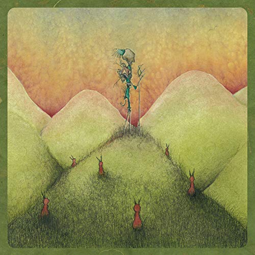 Painted album cover with figures among hills in muted green and orange.