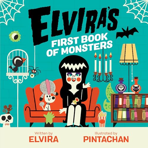 Book cover: Elvira sits on a red couch surrounded by monster imagery.