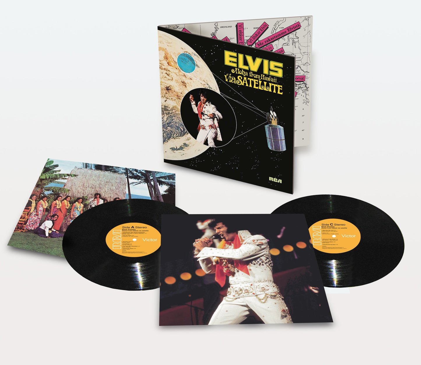 Elvis Presley’s “Aloha from Hawaii” 2LP vinyl record set, with album cover and records.