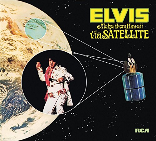 Album cover: Elvis Presley performing, Earth, satellite, and starry sky.