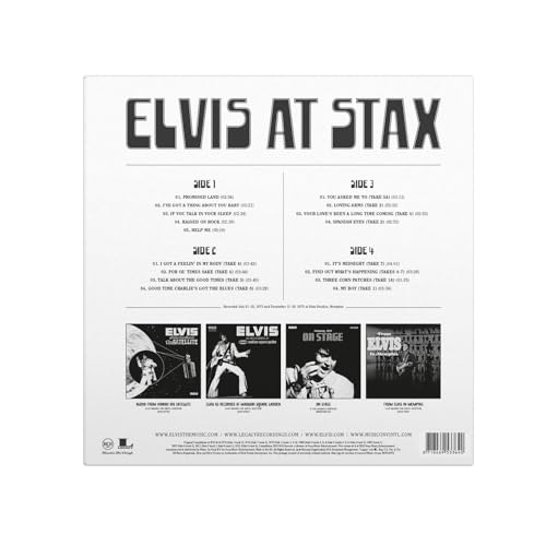 Back cover of "Elvis At Stax" vinyl record with tracklist and images.