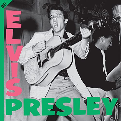 Elvis Presley playing guitar on album cover, pink and green text.