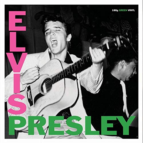 Black and white photo of Elvis Presley playing guitar, with green text.