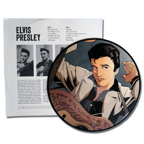 Elvis Presley vinyl record with illustrated cover and portrait.