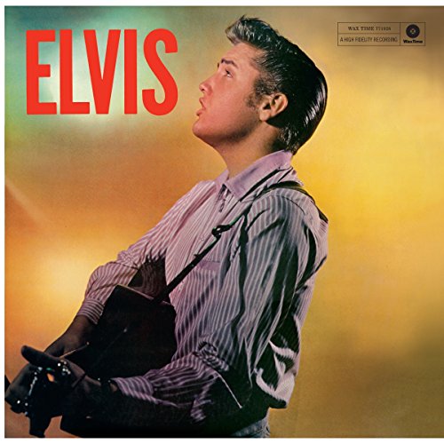 Elvis Presley in a striped shirt playing guitar against a yellow and orange background.
