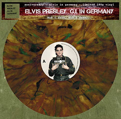 Marbled vinyl record featuring Elvis Presley in army uniform, mugshot style.