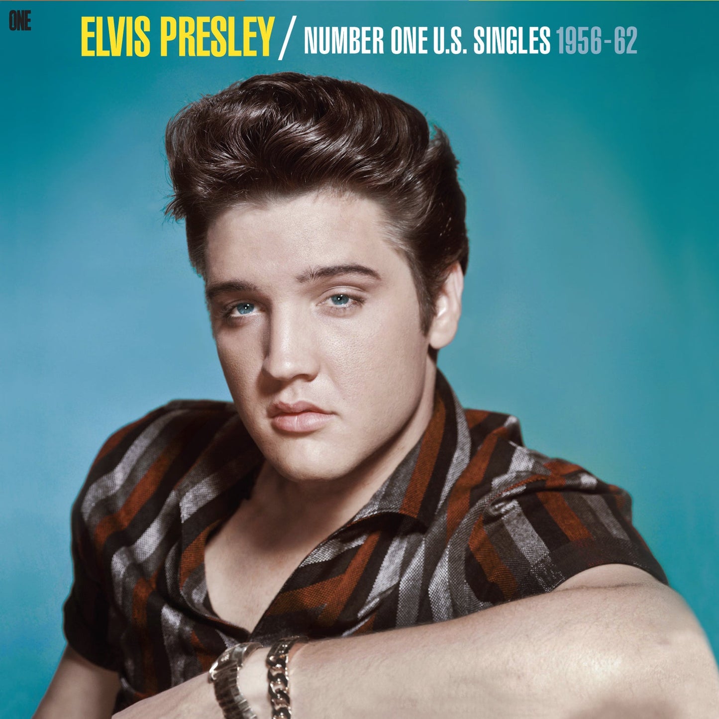 Elvis Presley portrait on a blue background, wearing a striped shirt against text.