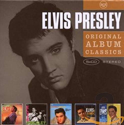Elvis Presley in black and white on music album cover with smaller color images below.