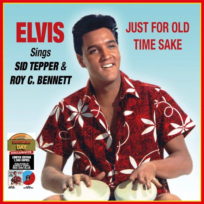 Elvis Presley album cover, smiling, in a floral shirt, light blue background.