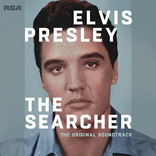 Close-up portrait of Elvis Presley on a light blue background with white text overlay.