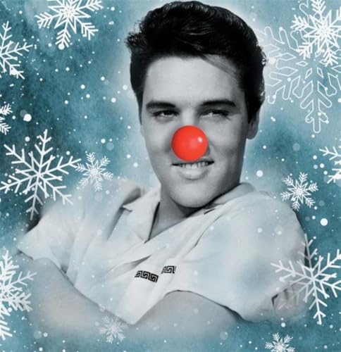 Elvis Presley with a red nose, surrounded by white snowflakes.