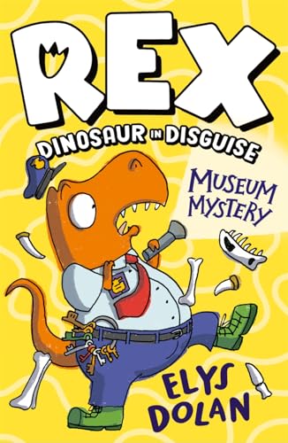 Cartoon T-Rex in disguise with a tie, holding a walkie-talkie.