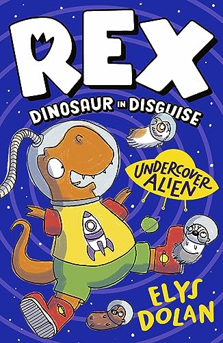 Orange dinosaur in a spacesuit with a robot and alien friends.
