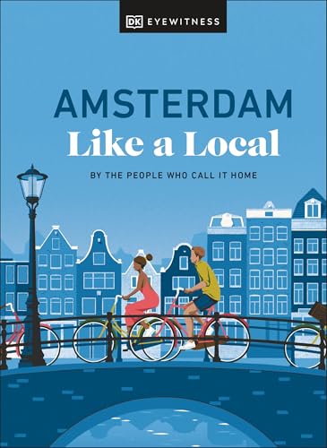 Travel guidebook cover with illustrated cyclists and Amsterdam canal houses.