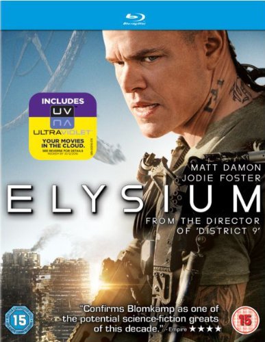 Elysium Blu-ray cover featuring Matt Damon with futuristic armor and cityscape.
