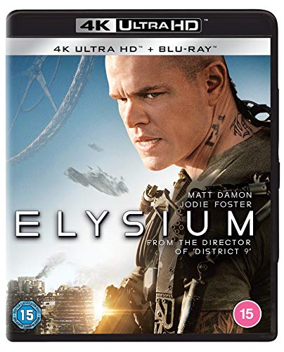 Blu-ray cover for "Elysium" featuring Matt Damon, a futuristic cityscape, and spacecraft.