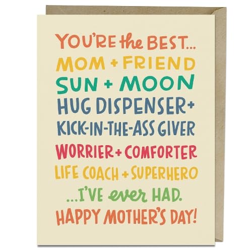 Beige Mother’s Day card with colorful, playful text praising a mom.