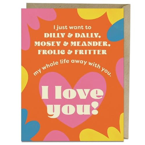Greeting card with orange background, pink heart, and playful text.