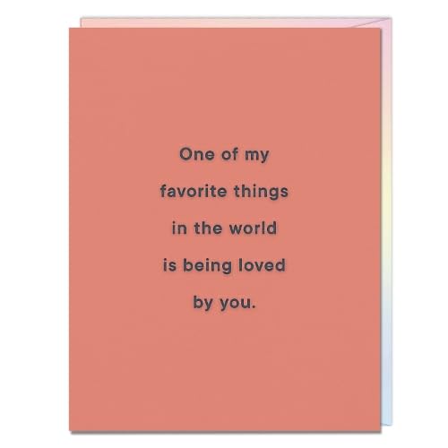 Coral greeting card with blue text: "One of my favorite things is being loved by you.