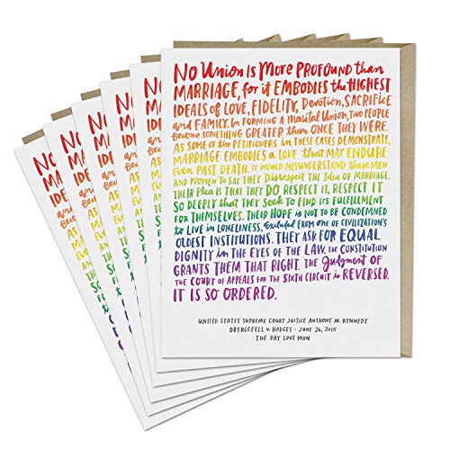 Six wedding cards with text about marriage equality and legal rights.