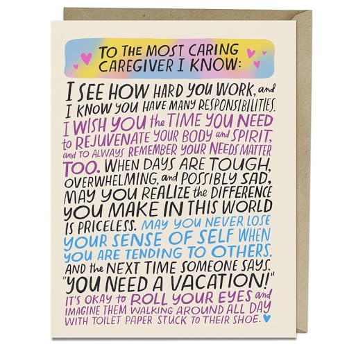 Greeting card with colorful text thanking a caregiver for their dedication.
