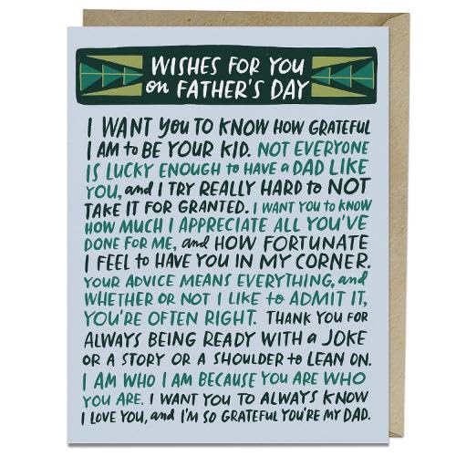 Father’s Day card with green text and geometric border, heartfelt message.