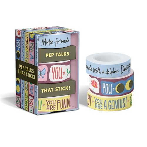 Colorful washi tape set in box with encouraging phrases and illustrations.