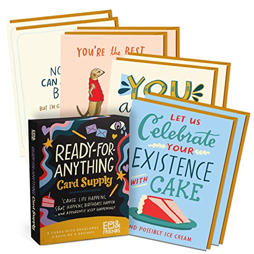 Assorted greeting cards with colorful designs and humorous text, boxed set.