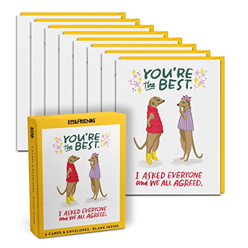 Box of eight greeting cards with meerkats and yellow envelopes.