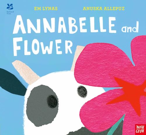 Book cover illustration of a cow with a large pink flower on a blue background.