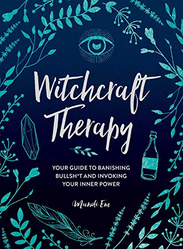 Book cover with teal foliage, an eye, crystal, feather, and bottle.