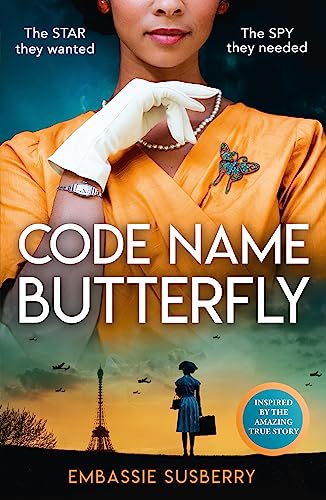 Book cover: woman in orange dress with butterfly pin, Paris skyline.