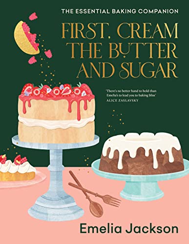 Book cover with illustrated cakes, fruit, and baking tools on green.