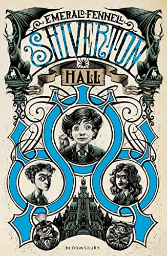 Book cover for "Shiverton Hall" featuring children, a castle, and gargoyles.